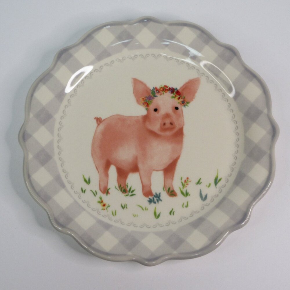 Pioneer Woman Appetizer Plate Pig Gray Gingham Novalty Dessert Dish Ceramic 7in